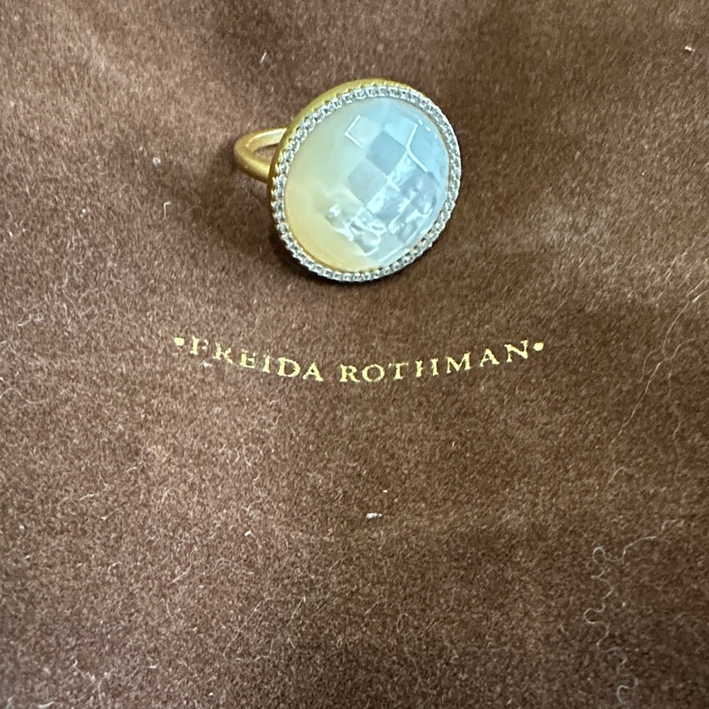 Freida Rothman Gold Ring with Faceted White Mother-of-Pearl Oval